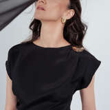 Gilded Mini Dress in 100% certified Como silk features a golden zamak accessory and asymmetrical draping—ideal for cocktail events and evening sophistication.