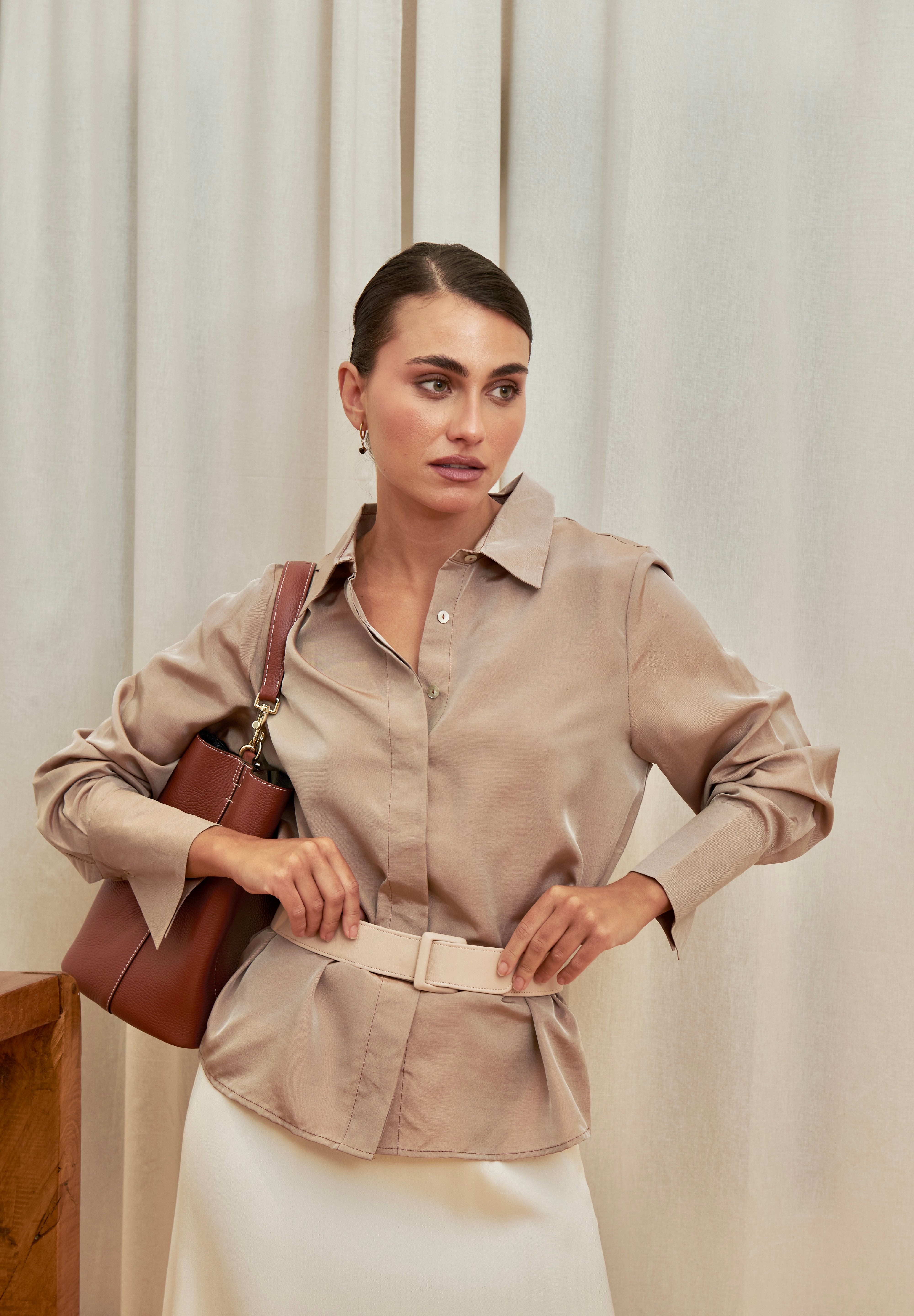 Bronze silk shirt – elegant high-neck, long-sleeve design in 100% silk with a luxurious sheen. Front view.