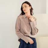Bronze silk shirt – elegant high-neck, long-sleeve design in 100% silk with a luxurious sheen. Front view.