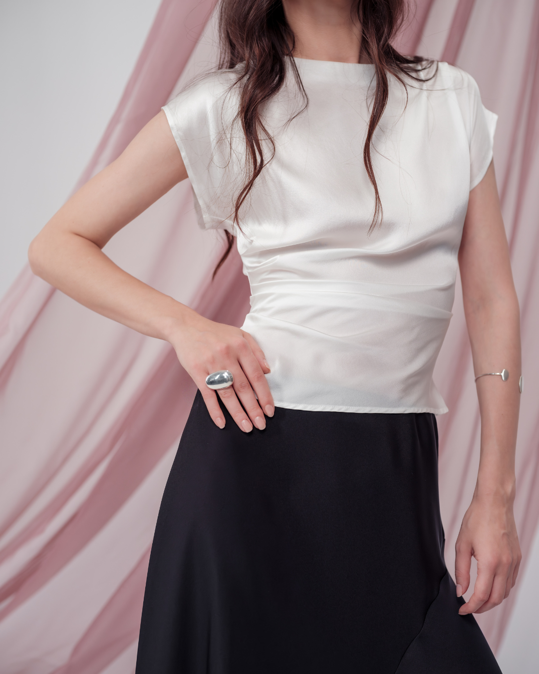 Pearl Draped Top in 100% certified Como silk offers minimalist elegance with delicate draping in white—ideal for versatile refined styling.