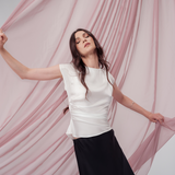 Pearl Draped Top in 100% certified Como silk offers minimalist elegance with delicate draping in white—ideal for versatile refined styling.