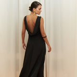 Audrey Serenity Gown in 100% certified Como silk features a round neckline and draped open back, offering timeless sophistication for formal occasions.