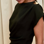 Gilded Mini Dress in 100% certified Como silk features a golden zamak accessory and asymmetrical draping—ideal for cocktail events and evening sophistication.