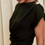 Gilded Mini Dress in 100% certified Como silk features a golden zamak accessory and asymmetrical draping—ideal for cocktail events and evening sophistication.
