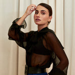 Noir Veil Blouse in 100% certified Como silk voile offers sheer elegance with voluminous sleeves and a delicate necktie—ideal for refined, modern styling.