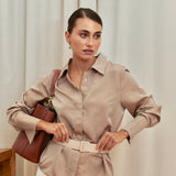 Bronze silk shirt – elegant high-neck, long-sleeve design in 100% silk with a luxurious sheen. Front view.