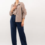 Bronze silk shirt – elegant high-neck, long-sleeve design in 100% silk with a luxurious sheen. Front view.
