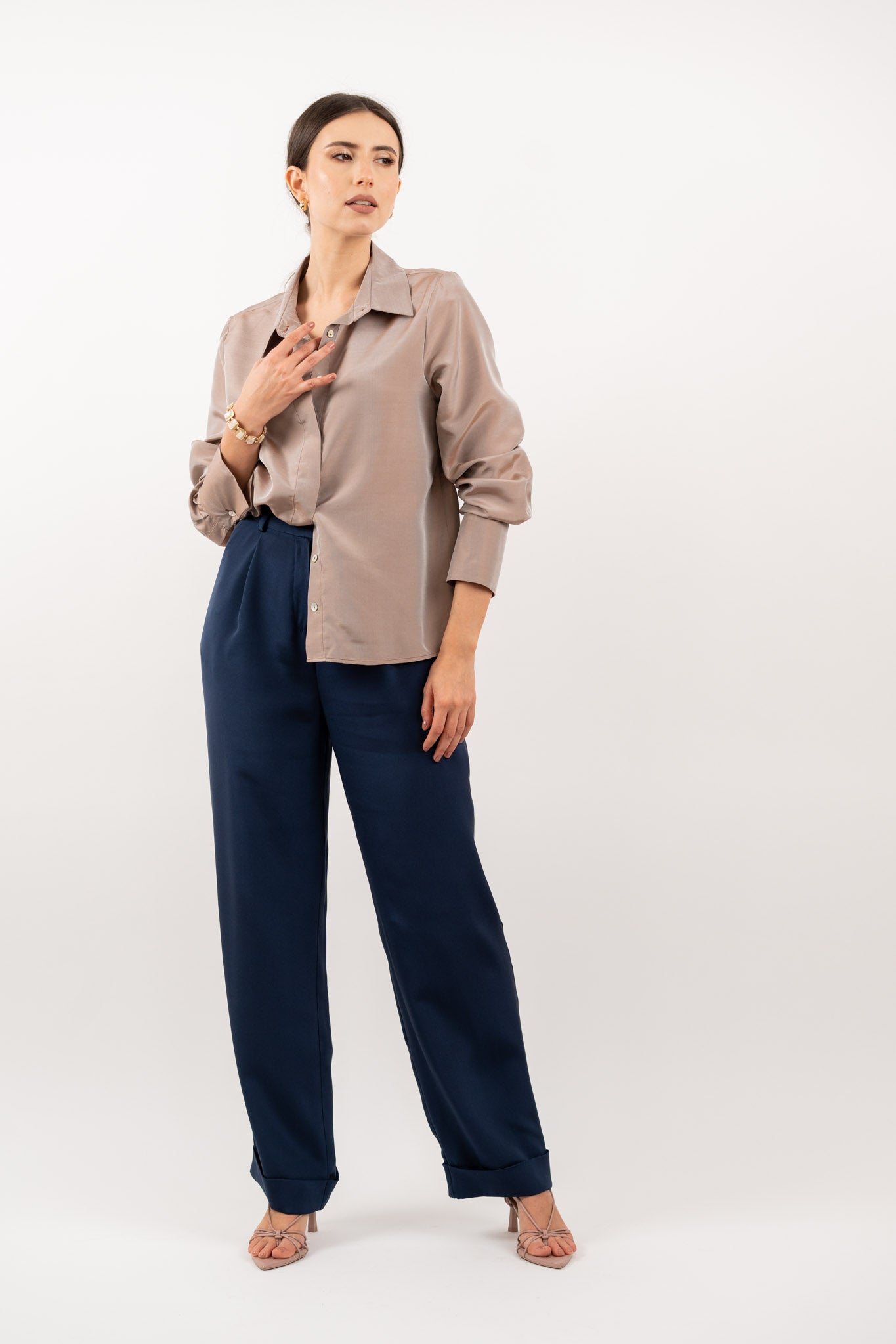 Bronze silk shirt – elegant high-neck, long-sleeve design in 100% silk with a luxurious sheen. Front view.