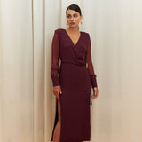 Amethyst Grace Dress in rich burgundy features a golden zamak accessory, sheer sleeves, and silk-covered buttons for opulent sophistication at formal events.