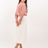 Ivory midi silk skirt – flowing A-line silhouette in 100% silk, flattering drape and graceful movement. Full Side view.