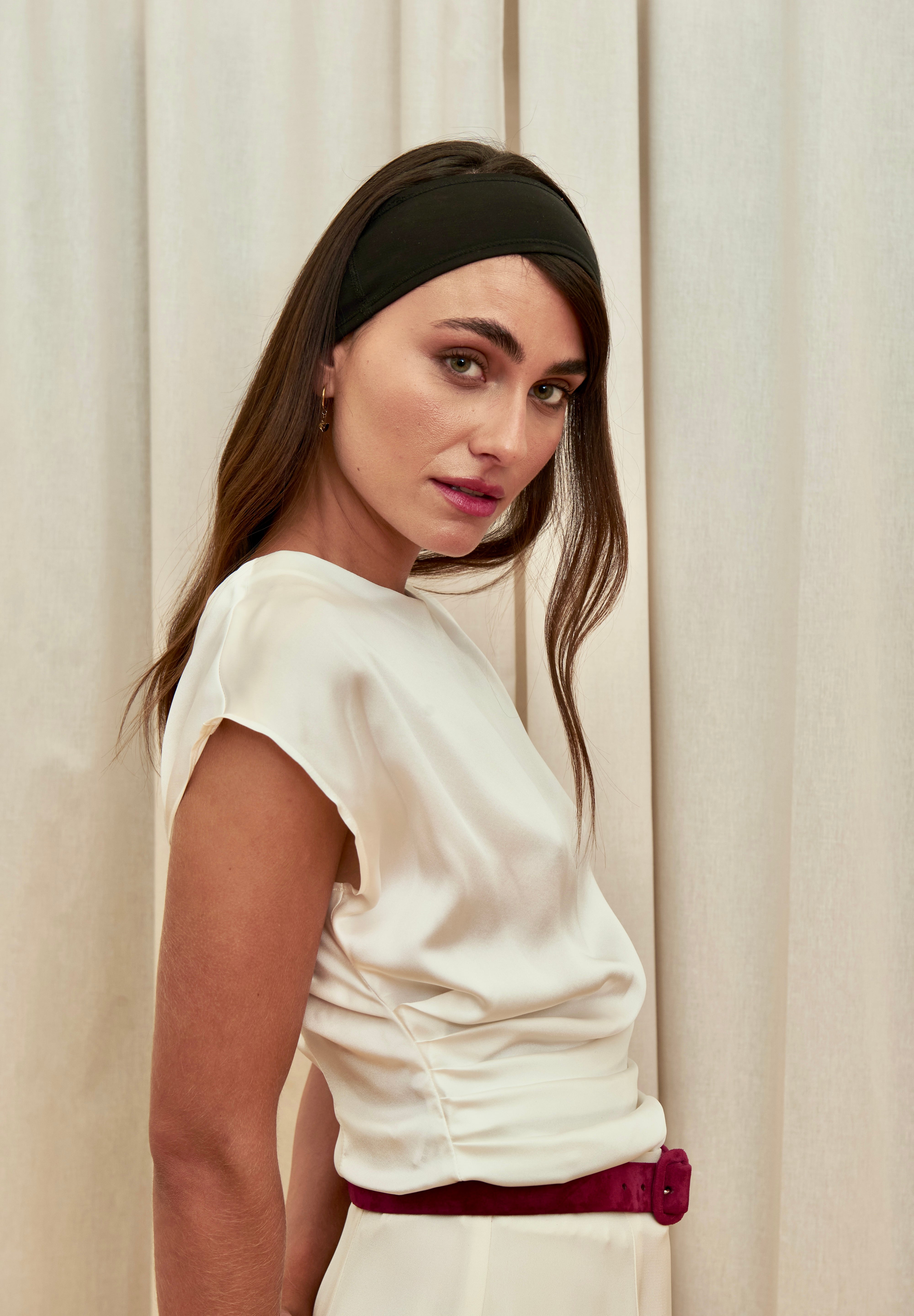 Pearl Draped Top in 100% certified Como silk offers minimalist elegance with delicate draping in white—ideal for versatile refined styling.